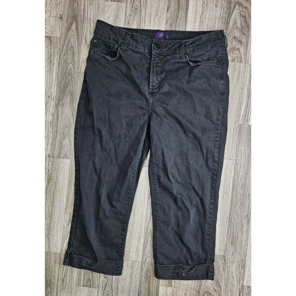NYDJ Womens Size 12 Pockets Lift Tuck Cuffed Studs Black Denim Cropped Jeans